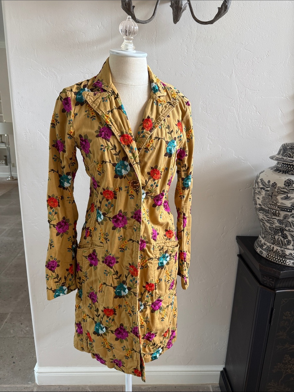 Original Johnny Was tobacco colored floral embroidered long canvas jacket. Small